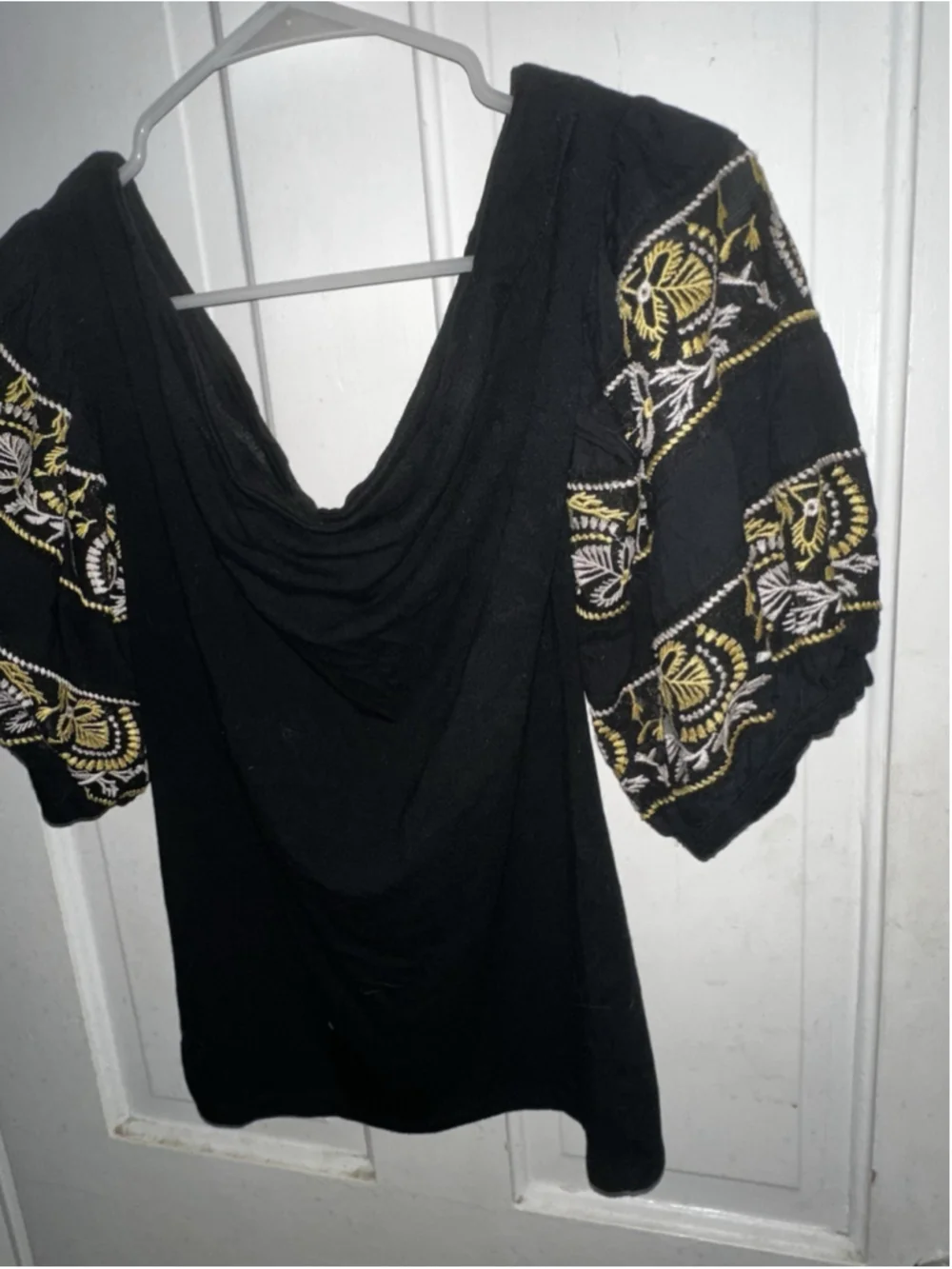 Free People Rock With It Embroidered Puff Sleeve Off Shoulder Top Shirt Medium